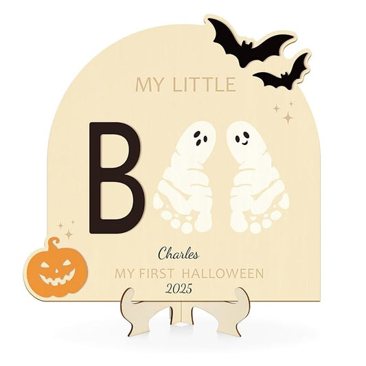 Sereliy Baby's First Halloween DIY Footprint Art Card, Wooden Little Boo Sign Keepsake Ornaments for Baby Shower Newborn Photoshoot Prop (Boo)