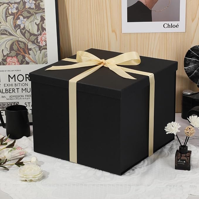 Large Gift Box with Lid 12.5x12.5x10 Inches, Black Gift Boxes for presents Packaging for Birthdays, Valentine's Day, Christmas, Anniversaries (Include Shredded Paper Fill, Envelope Card Ribbon)