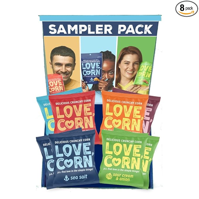 LOVE CORN Sampler Variety Pack 0.7oz x 8 Bags [2x Sea Salt, 2x Sour Cream and Onion, 1 Each of Cheddar, BBQ, Salt & Vinegar and Hot & Spicy] - Delicious Crunchy Corn - Healthy Family Snacks - Gluten Free, Kosher, NON-GMO