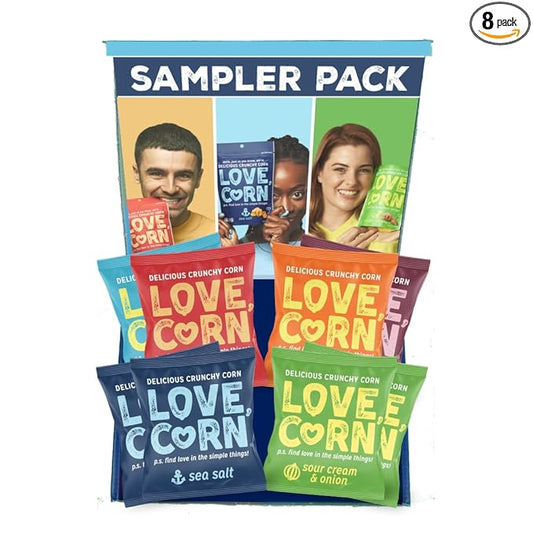 LOVE CORN Sampler Variety Pack 0.7oz x 8 Bags [2x Sea Salt, 2x Sour Cream and Onion, 1 Each of Cheddar, BBQ, Salt & Vinegar and Hot & Spicy] - Delicious Crunchy Corn - Healthy Family Snacks - Gluten Free, Kosher, NON-GMO