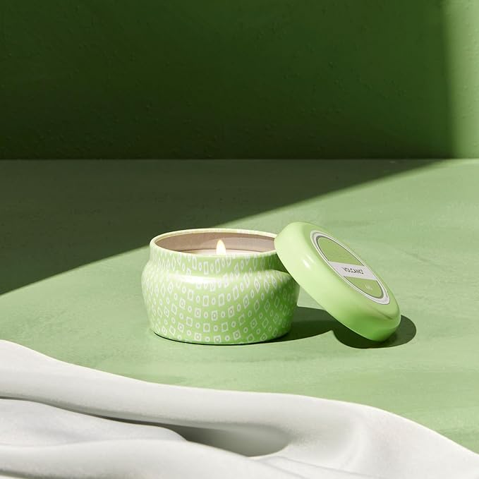 Capri Blue Volcano Scented Mini Tin Jar Candle - Printed Mini Tin Candles for Home Scented with Tropical Fruit & Sugared Citrus - Long Lasting Soy Wax Blend (Iced Matcha Green, 3 oz)