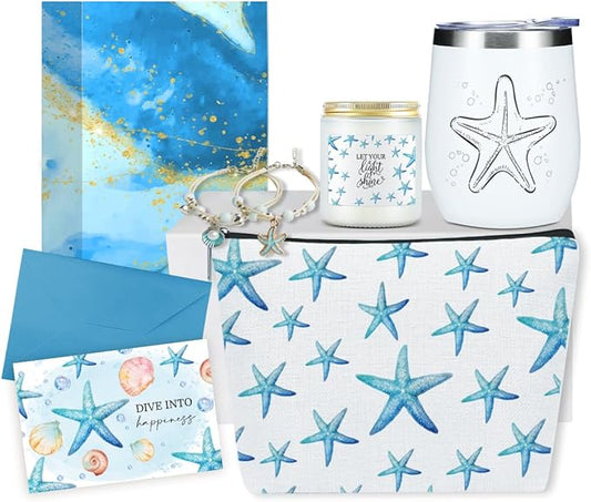 Cute Starfish Decor Starfish Ocean Friendship Appreciation Birthday Gifts for Women Beach Gifts for Women Girls Mom Sister Friends Card Wine Tumbler Cosmetic Makeup Bag Bracelet Christmas