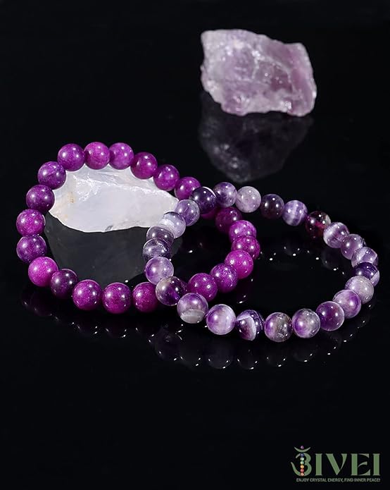 Bivei Natural Gemstone Semi Precious Healing Crystals Handmade Stretchy Round Beads Bracelet, Enhance Positive Energy