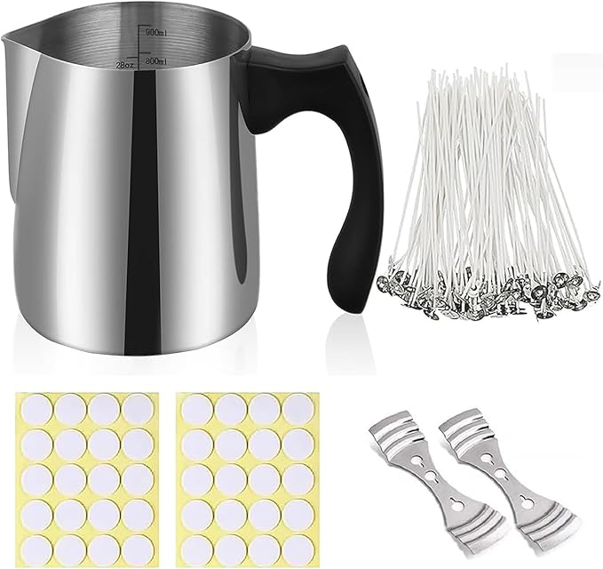 HOUSEASSIST Candle Making Kit Supplies,32oz Stainless Steel Candle Make Pouring Pot, Sticker, 3-Hole Wicks Holder,Candle Wicks for Candle Making DIY Craft Tools