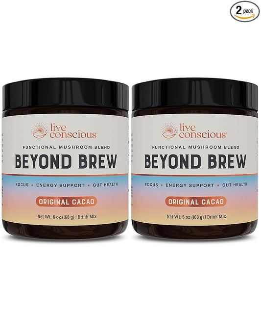 Live Conscious Beyond Brew - Superfood Coffee Alternative - Low Caffeine - Lion’s Mane, Reishi, Cordyceps & Chaga for Sustained Focus, Energy & Immunity - w/ Prebiotics & Probiotics Supports Gut Health 6 oz (2-Pack)