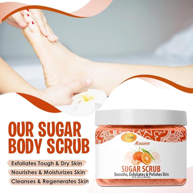 SPA REDI – Sugar Body Scrub, Mandarin, 16 Oz, Exfoliating, Moisturizing, Hydrating and Nourishing, Glow, Polish, Smooth and Fresh Skin - Body Exfoliator