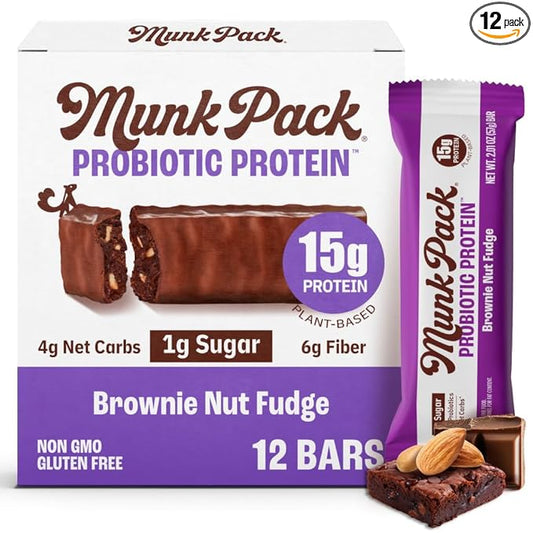 Munk Pack 15g Probiotic Keto Protein Bars - Low Sugar, High Protein -1g Sugar, 4g Net Carbs. Vegan + Plant Based Gut Health. Low Carb Healthy Snack Bar. Brownie Nut Fudge