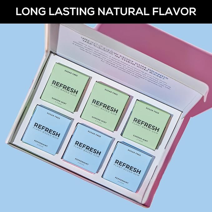 Refresh Gum, Xylitol, Natural, Sugar Free, Chewing Gum, Plastic Free, Natural Flavors & Organic Ingredients, Non GMO, Gluten Free, Vegan, Peppermint & Garden Mint