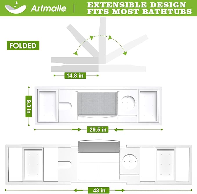 Artmalle Bathtub Caddy Tray - Expandable and Foldable Bath Tray for Tub, Luxury Bamboo Bath Caddy Tub Table, Bathtub Accessories with Book Holder and Free Soap Dish, White