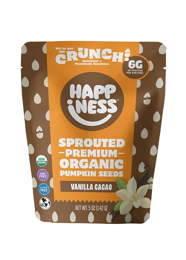 Happiness Foods™ Vanilla Cacao – Sprouted Organic Raw Pumpkin Seeds – High Protein, Certified USDA Organic, Non-GMO, Low Carb, Vegan, Gluten-Free, Mood Booster Snacks – 5 oz