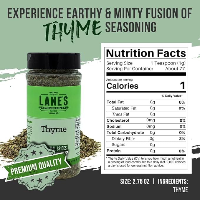 Lane's Fresh Thyme Seasoning, All-Natural Dried Thyme Spice Seasoning, A Dried Thyme Leaves Seasoning For Veggies & Soup, Made in USA, 2.75 Oz (77g)