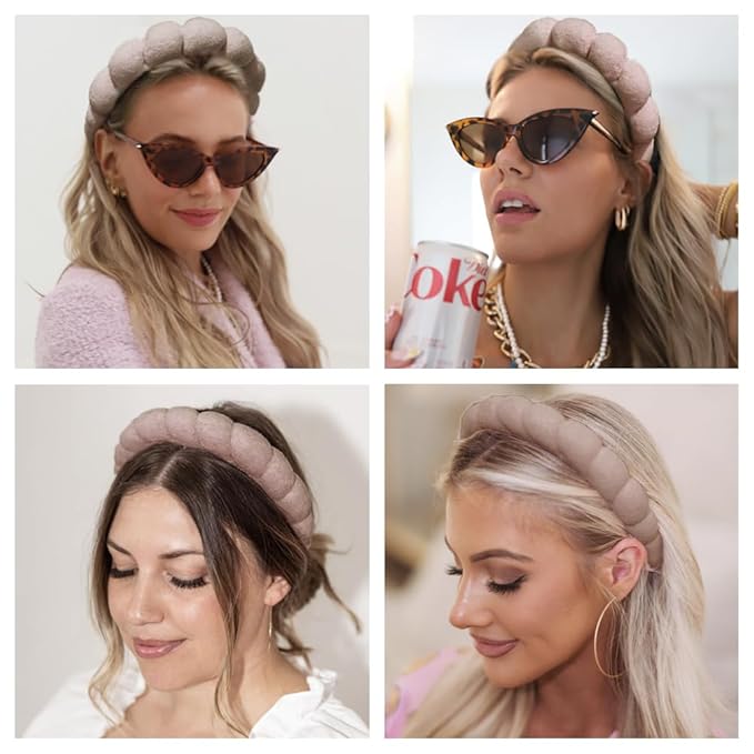Spa Headbands for Washing Face or Makeup, Sponge Bubble Skincare Headbands, Puffy Terry Cloth Hairband for Women, Skin Care Makeup Headwear Hair Accessories for Girls (Coffee)