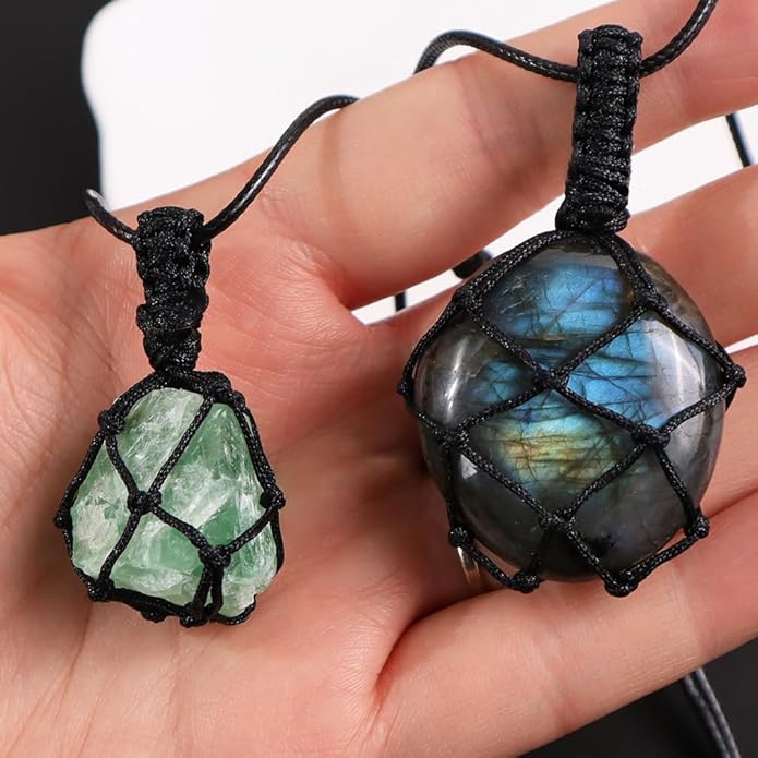 Handmade Natural Gemstone Crystal Pendant Necklace Stone Holder Necklace Cord Net Necklace with Adjustable Length for Women Men