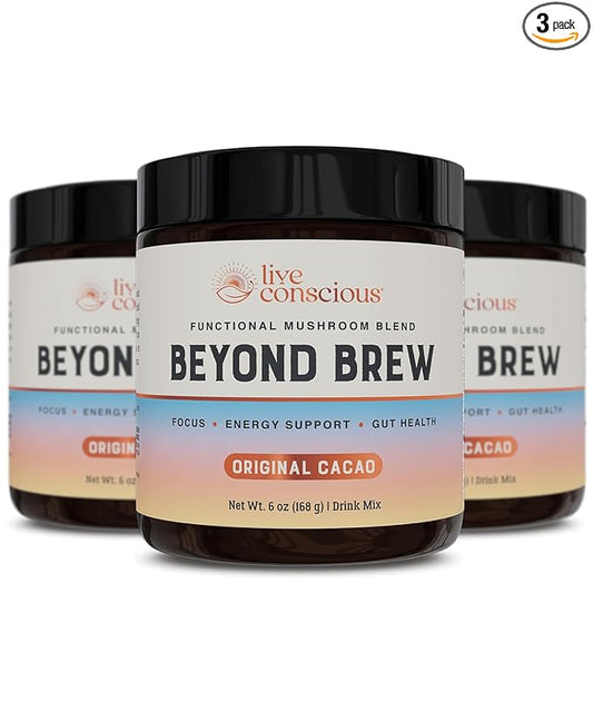 Live Conscious Beyond Brew - Superfood Coffee Alternative - Low Caffeine - Powerful Mushroom Complex - Lion’s Mane, Reishi, Cordyceps & Chaga for Sustained Focus, Energy & Immunity - Prebiotics & Probiotics Supports Gut Health - 30 Servings (3-Pack)