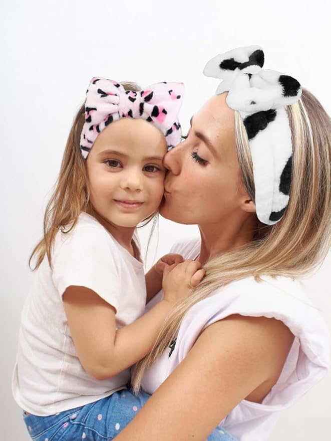 Huachi Pink Leopard Soft Microfiber Spa Headbands for Women Washing Face, Cute Skincare Headband with Bow, Face Wash Headbands for Teen Girls, Party Favors Bow Hair Band