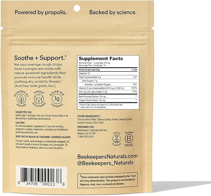 Beekeeper's Naturals Soothing Honey Ginger Lemon Cough Drops - Immune Support with Vitamin D, Zinc and Propolis Throat Soothing Lozenges, 14 Ct