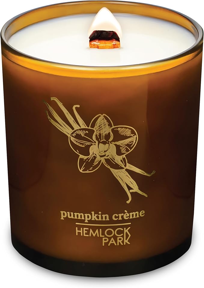 Hemlock Park Wood Wick Candle Handcrafted with Natural Coconut Wax and Essential Oils (Amber & Gold 14 oz, Pumpkin Crème)
