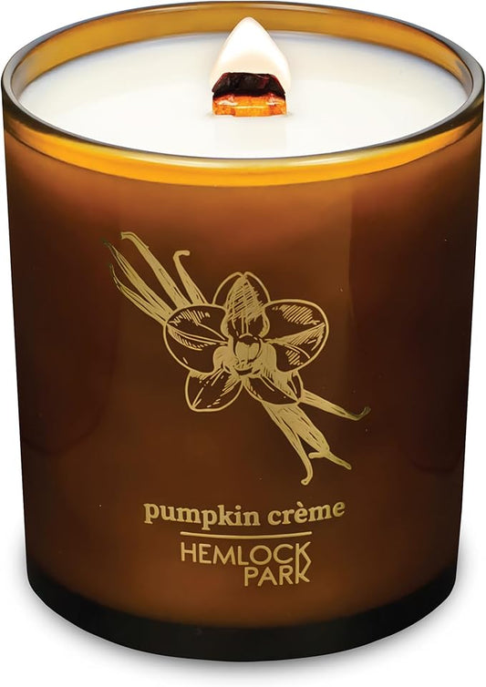 Hemlock Park Wood Wick Candle Handcrafted with Natural Coconut Wax and Essential Oils (Amber & Gold 14 oz, Pumpkin Crème)