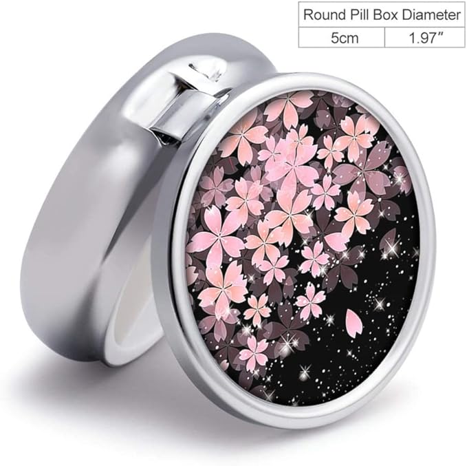 Cherry Flowers Pill Box Purse Pocket Small Round Silver Pill Case Decorative Box Metal Medicine Vitamin Pill Organizer Portable Unique Gift
