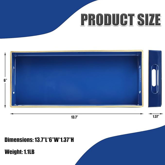 Blue Bathroom Vanity Tray for Countertop, Small Plastic Toilet Tank Versatile Storage & Organization Tray for Makeup, Perfume, Desk, Kitchen, Candles, 13.7"x6"x1.4", 35HB