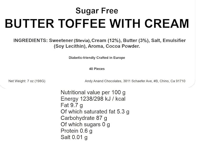 Andy Anand Chocolatier Sugar Free Butter Toffee Hard Candy With Cream Made in Europe Gluten Free, Mouthwatering Experience With Diabetic-friendly, Stevia Sweetened Candy (40 Pcs, 7 Oz)