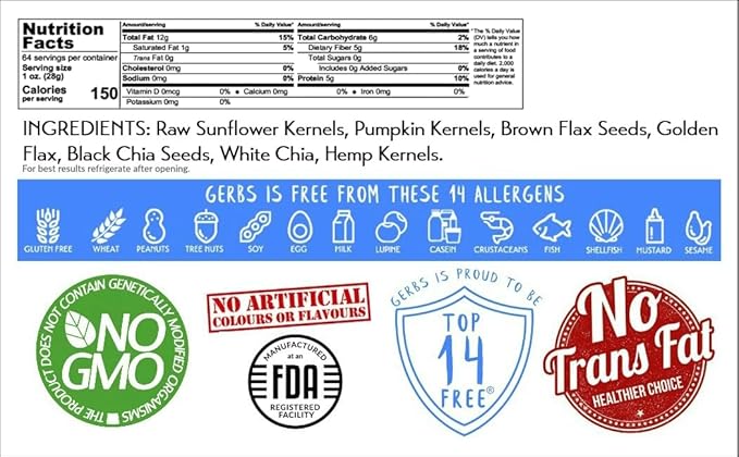 GERBS Raw Super 7 Seed Snack Trail Mix 4 LBS. | Top 14 Food Allergy Free | Resealable Bulk Bag | Made in USA | Raw Pumpkin | Sunflower | Brown & Golden Flax | Black & White Chia | Hemp | Gluten Free