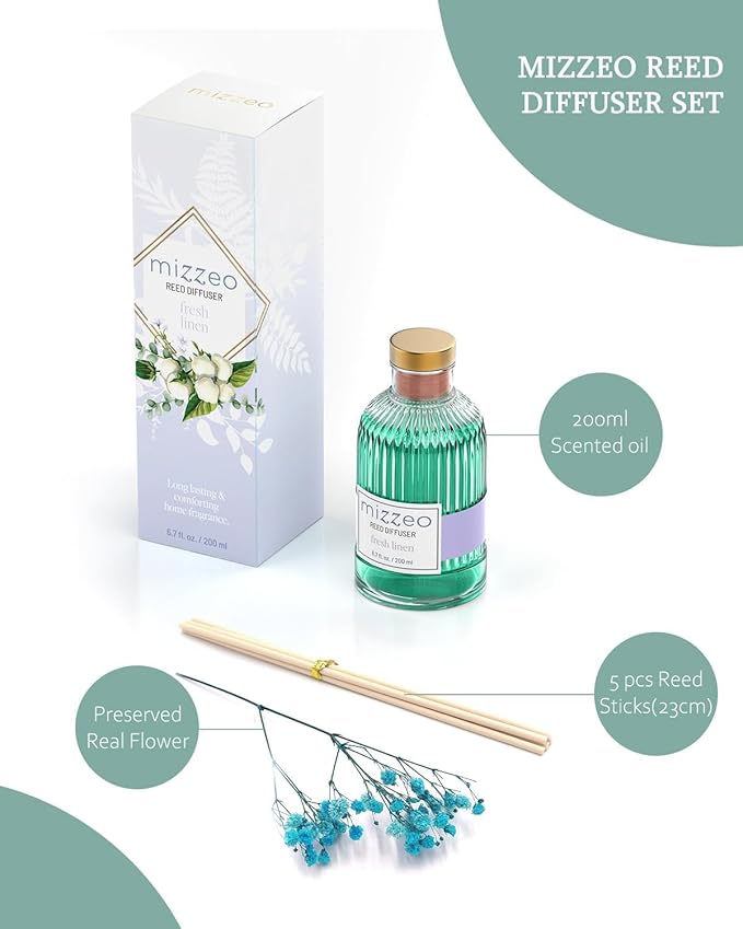 MIZZEO Reed Diffuser Set, Fresh Linen 6.76 fl oz Highly Scented Room Diffuser Home Fragrance Essential Oil Reed Flower Diffuser, House Bedroom Office Decor & Gifts