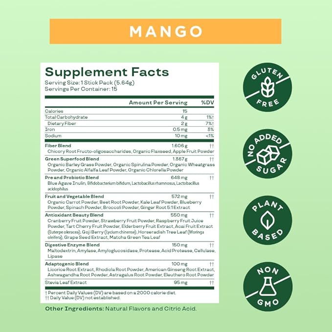 Bloom Nutrition Superfood Greens Powder Stick Packs, Digestive Enzymes with Probiotics and Prebiotics, Gut Health, Bloating Relief for Women, Chlorella, Green Juice Mix, 15 SVG, Mango