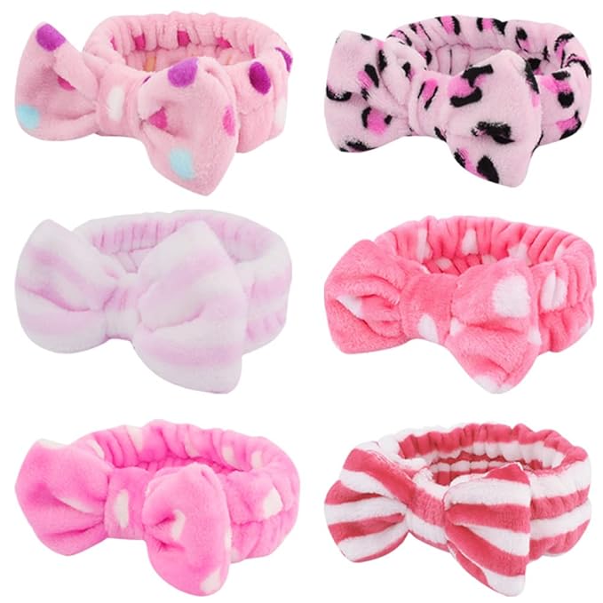 WHAVEL 6 Pack Pink Spa Headbands, Makeup Headbands Skincare Headbands Microfiber Bow Headbands Leopard Stripe Polka Facial Headband Soft Elastic Hair Band Headband for Washing Face