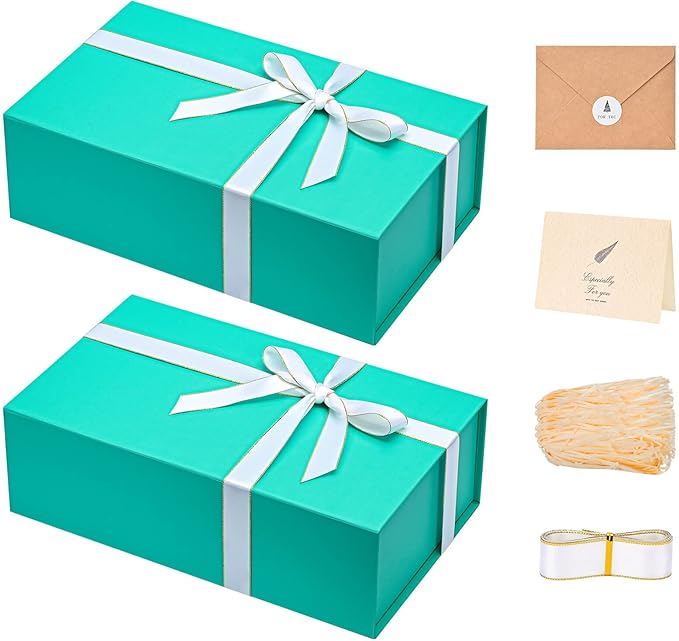 LIFELUM Green Blue Gift Box 13.85 x 8.35 x 4.45 inch, 1 Pack Big Gift Box with Magnetic Lid for Presents,Birthday, Bridesmaid Proposal Boxes Contains Ribbon, Card,Shredded Paper Filler