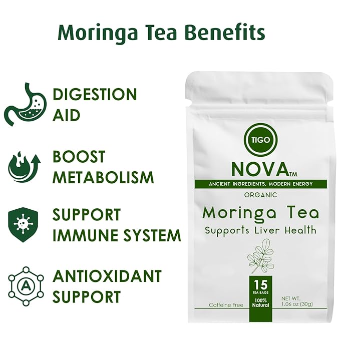 Premium Organic Moringa Tea Bags, 100% Natural and Organic Ingredients, Caffeine free | Authentic African Origin | Eco-conscious Teabags (15 count) Immune System & Digestion Support Herbal Tea