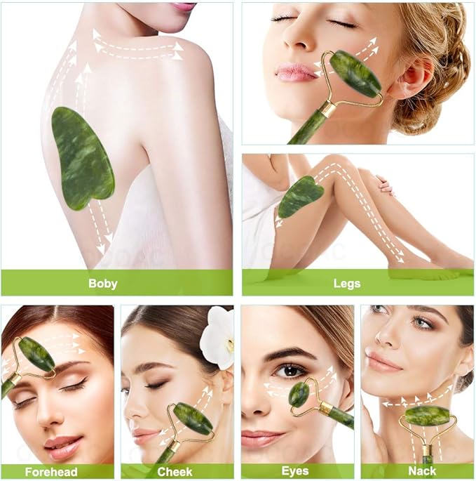 Jade Gua Sha Facial Massager Set - 5 in 1 Skin Care Tools with Roller and Massager