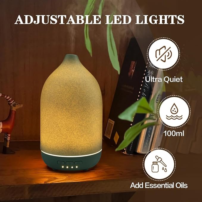 Essential Oil Diffusers, Aromatherapy Diffuser for Essential Oils, 100ml Ceramic Oil Diffusers for Large Room - 5 Timers, Warm Ambient Light, Auto-Off