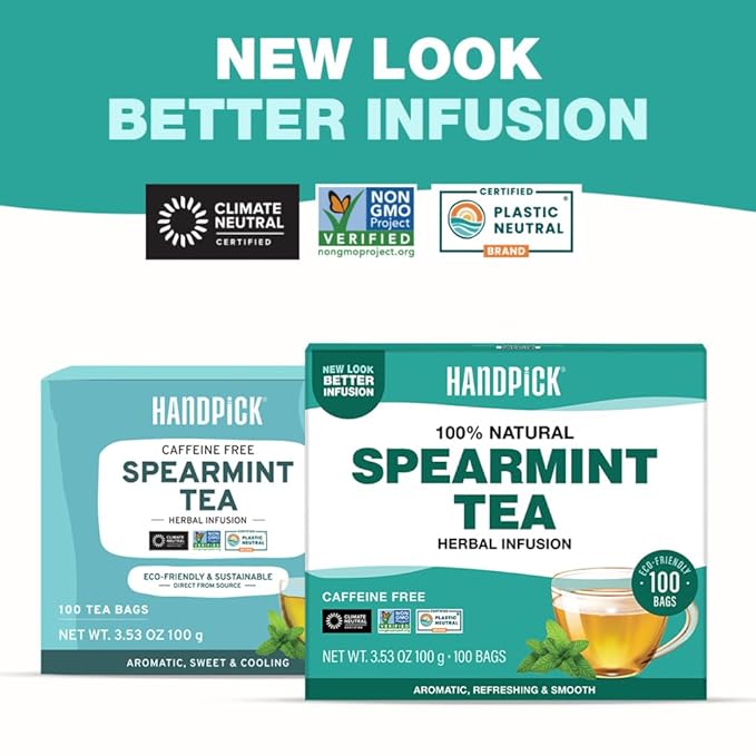 HANDPICK, Spearmint Tea Bags for PCOS relief (100 Herbal Tea Bags) |Refreshing Mint Tea | Non-GMO | Round Eco-Conscious Teabags