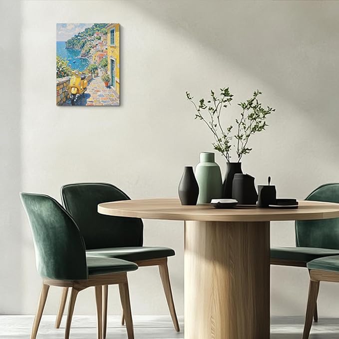 Italy Coast Landscape Wall Art, Italy Motorcycle Summer Watercolor Painting Canvas Framed Prints Modern Decorations, Rustic Theme Flowers Poster for Living Room Entryway Farmhouse Bedroom Dining room