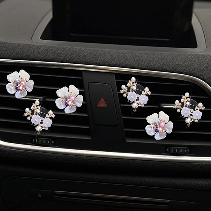 Bling Flower Air Vent Clips, 6 Pcs Cute Daisy Car Fresheners, Diffuser With Rhinestone Interior Decoration Charm, Diamond Decor Accessories for Women Girls