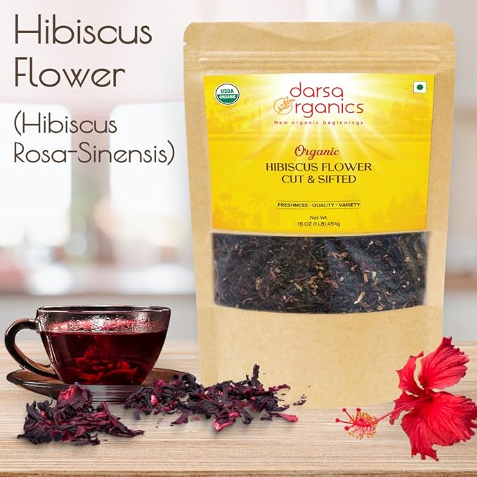 Darsa Organics Hibiscus Flowers Cut & Sifted 16 oz - USDA Organic Flor de Jamaica, Dried Hibiscus Flower for Hibiscus Tea, Cooking & Beverages, Vegan, Non-GMO, Kosher Certified