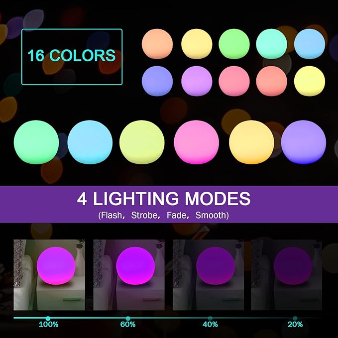 8-Inch Rechargeable LED Orb Light – 16 Color Glow Sphere, 4 Modes, Waterproof Ambient Lighting Ball, Glowing Orb for Indoor, Outdoor, Pool, Room, and Patio Decor