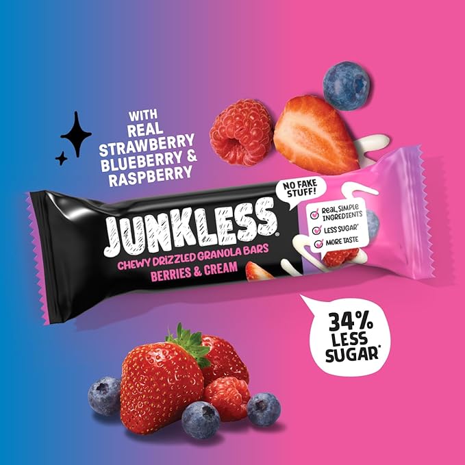 JUNKLESS Chewy Granola Bar 2‑Flavor Variety Pack (24 Bars)–Non‑GMO, Gluten‑Free, Less Sugar Snack Bars— Drizzled Birthday Cake & Berries & Cream, 4 Boxes