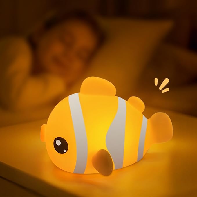 Clownfish Silicone Night Light for Kids – 3-Level Dimmable Tap Lamp with Timer, Soft BPA-Free Nursery Nightlight for Baby & Toddler, USB-C Rechargeable, Bedside Breastfeeding Light