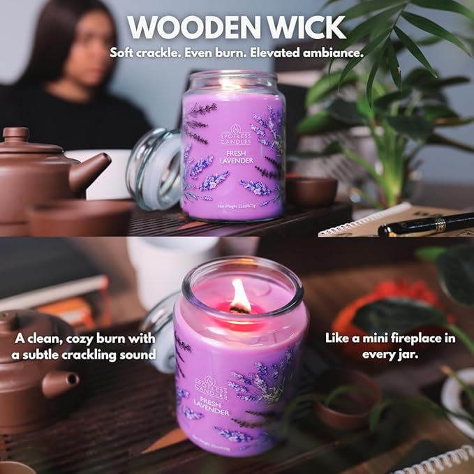 Fresh Lavender Candle 22oz Glass Jar with Wooden Wick in a Decorated Jar Within a Presentation Gift Box and Protective Shipping Box