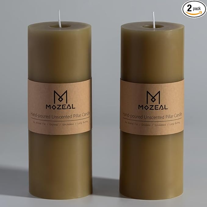 MOZEAL 3" x 8" Hand-Poured Unscented Large Candle, Smokeless Rustic Pillar Candle Set of 2, Slow Burn, No Drip, Approx 150 Hours Burning,Wedding,Dinner,Christmas and Home Decorative,Tall Olive Candle