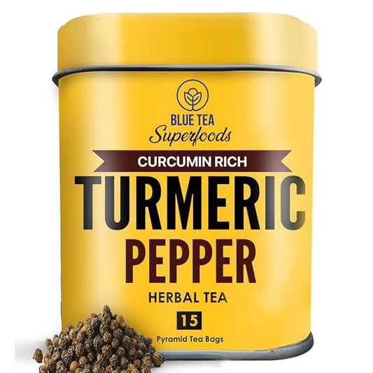 BLUE TEA - Turmeric Tea - Pepper - 15 Count - Pyramid Plant Based Tea Bag | CURCUMIN RICH - HERBAL BLEND | Caffeine Free - Gluten Free - Herbal Tea - Earthy Flavor - Healthy | Tin Pack