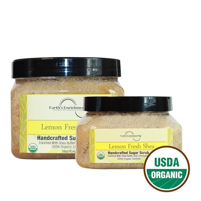 Sugar Scrub USDA Organic and Vegan, Lemongrass Body Scrub with Shea Butter, Refreshing, Gentle Exfoliant, Great for Rough, Dry Skin, Lips, Feet and Elbows, Coconut Oil and Avocado Oil, 16oz