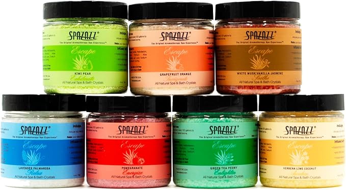Hot Tub & Spa Bath Salt Aromatherapy Crystals - Spazazz Escape Collection 4 Oz 7-Pack Sampler & Hot Cold Towel - Lavender, Lime Coconut, Green Tea, Vanilla Jasmine, Kiwi Pear, Grapefruit, Pomegranate