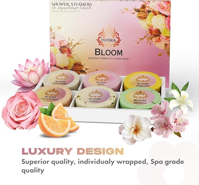 Shower Steamers Gift Set – 6 Aromatherapy Scents for Women & Men – Bloom Collection – Essential Oil Shower Bombs for Relaxation, Stress Relief & Self-Care – Spa Gift for Her or Him