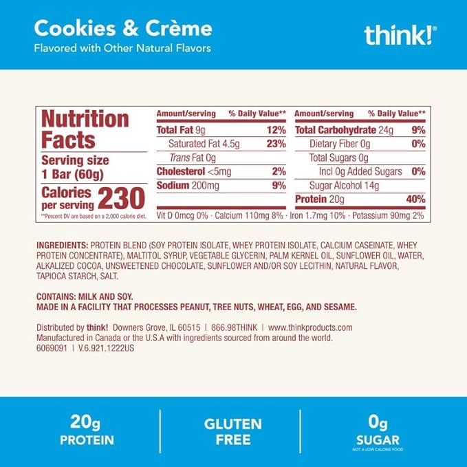 think! Protein Bars, High Protein Snacks, Gluten Free, Kosher Friendly, Cookies and Crème, Nutrition Bars, 2.1 Oz per Bar, 10 Count (Packaging May Vary)