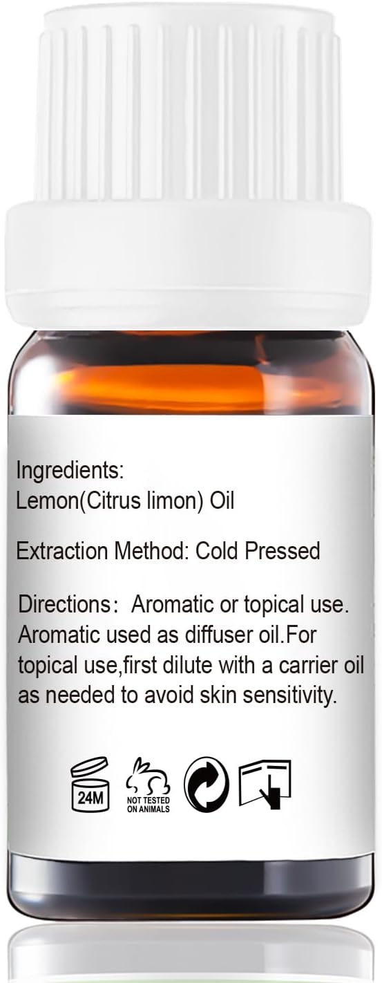 Lemon Essential Oil - Pure Organic Lemon Oil for Diffuser, Spray, Skin & Hair Care, Massage, DIY Candles & Soap - 10mL