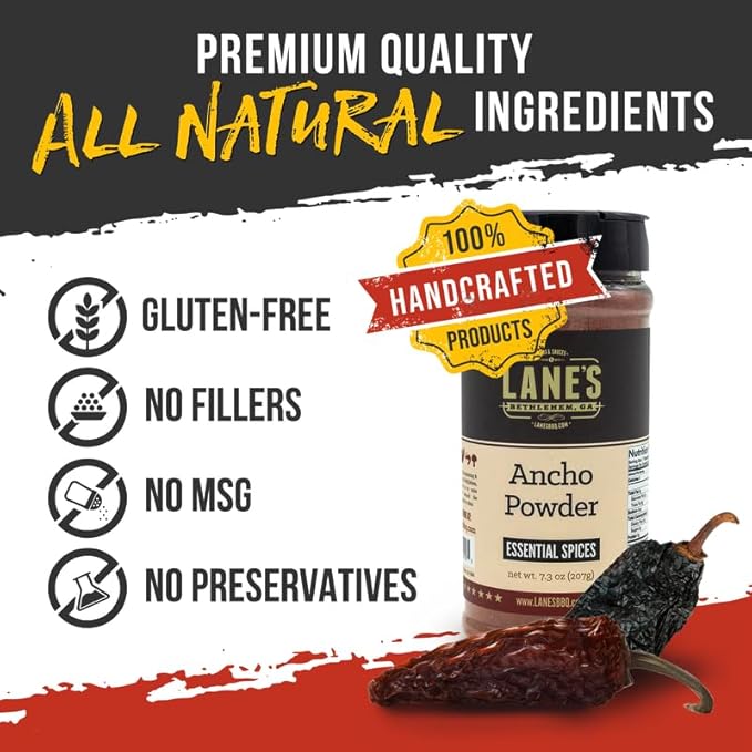 Lane's Ancho Chile Powder, All-Natural Ancho Chili Powder Spice with Sweet & Smoky Flavor, Ideal for Mexican Dishes & Homemade Chili, No Preservatives, Made in USA, 7.3 oz