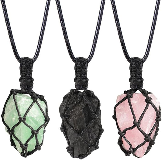 Handmade Natural Gemstone Crystal Pendant Necklace Stone Holder Necklace Cord Net Necklace with Adjustable Length for Women Men